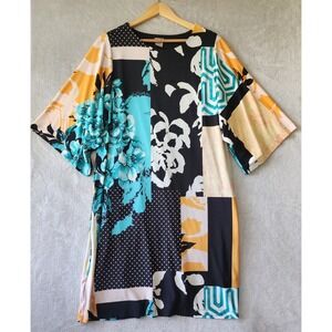 Chicos Dress Size Large Mixed Patchwork Art Print Black Stretch Flare Sleeve2